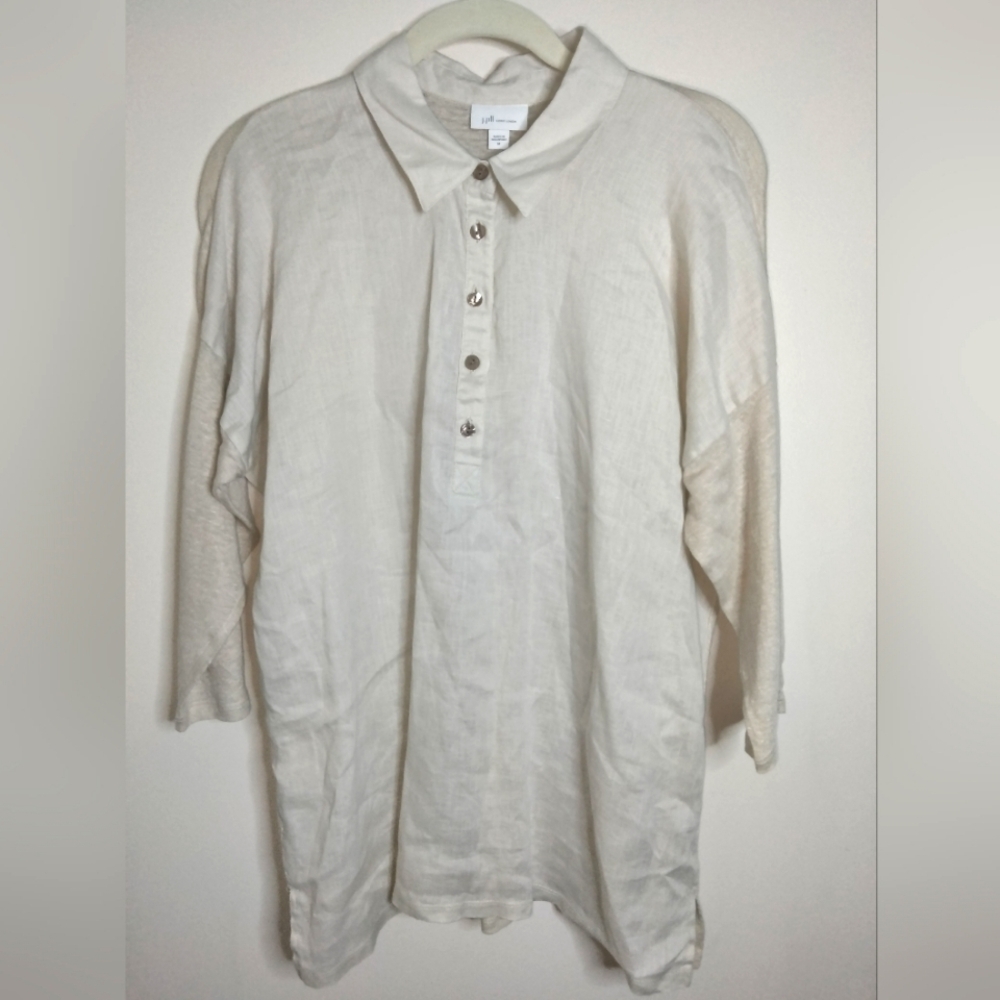 J. Jill Love Linen (Sz M) Cream Mixed Media Linen Button 3/4 Sleeves Tunic Shirt